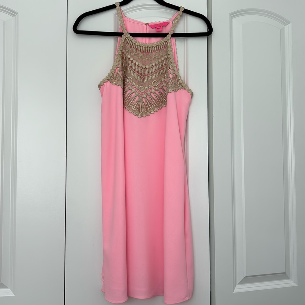 Lilly Pulitzer halter dress with gold lace